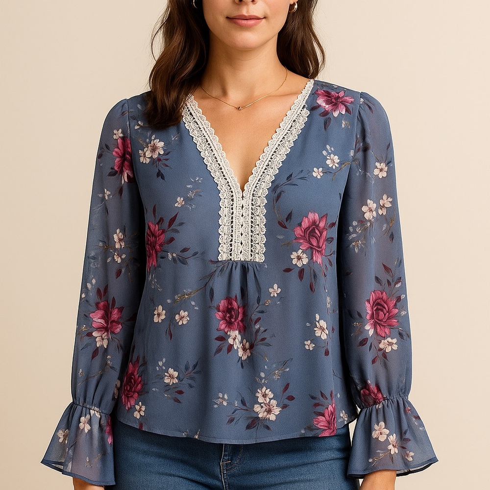 White House Black Market Floral Bell Sleeve Blouse Size 12